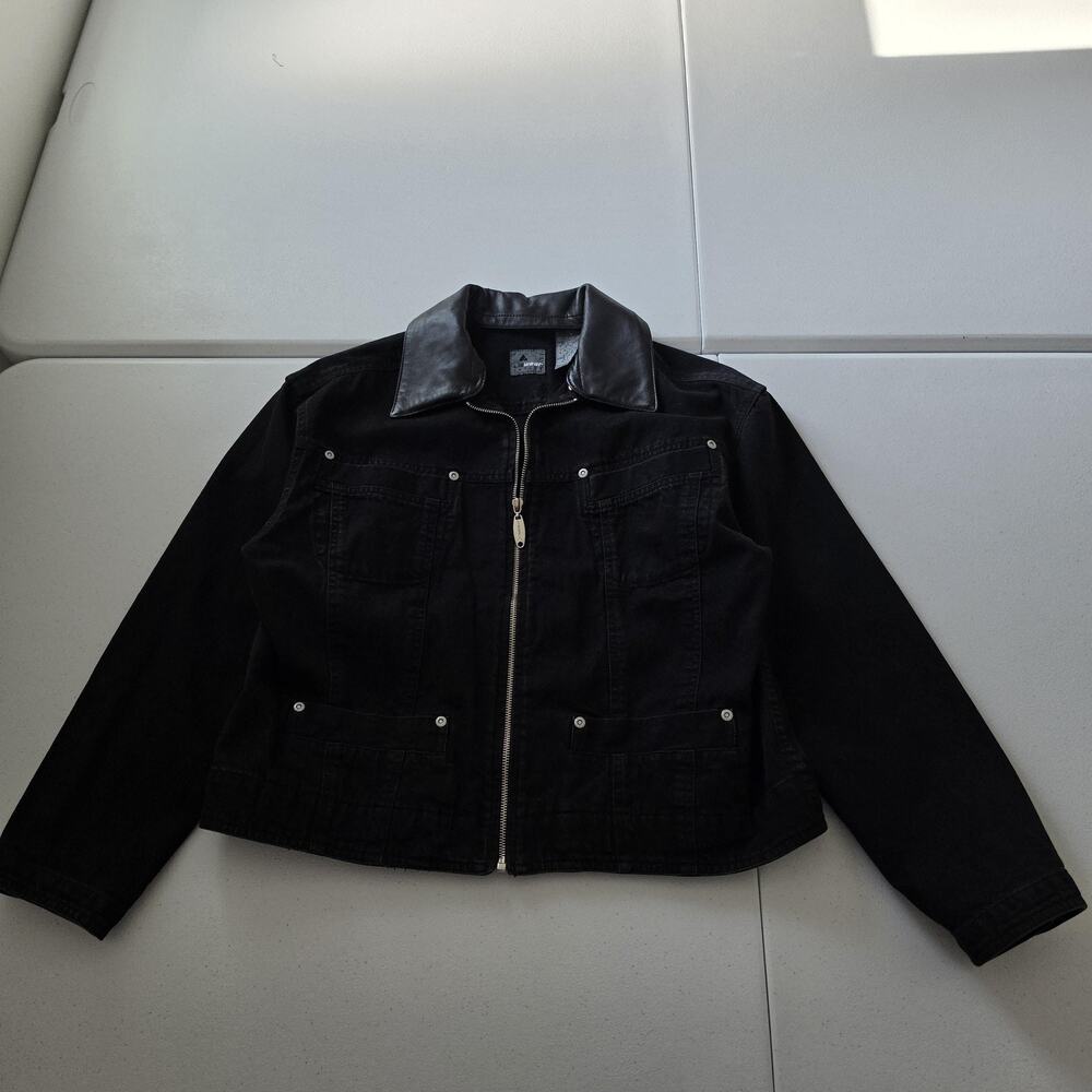 90s Lizwear Denim Jacket Womens Medium Petite Black Zip Leather Collar Pockets